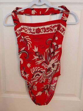 Jantzen Red One Piece Swimsuit Chinese Dragon Sz 8 Beach Pool Travel